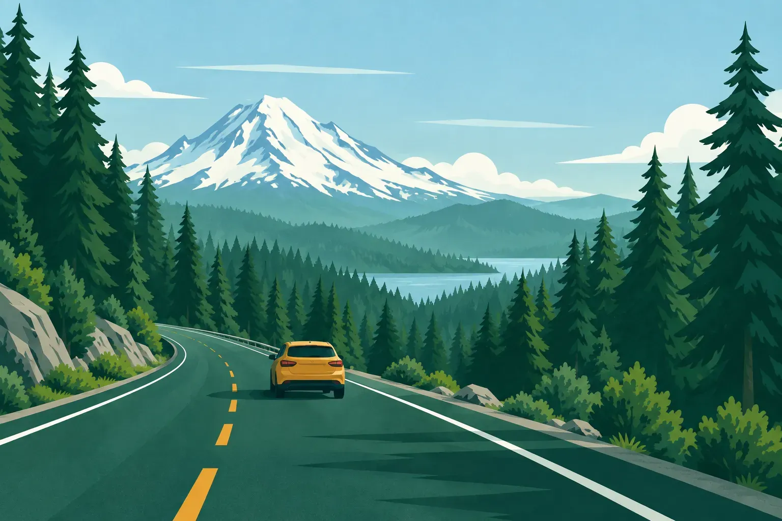 A highway through evergreen forests toward a snow-capped volcano, a typical landscape of Washington