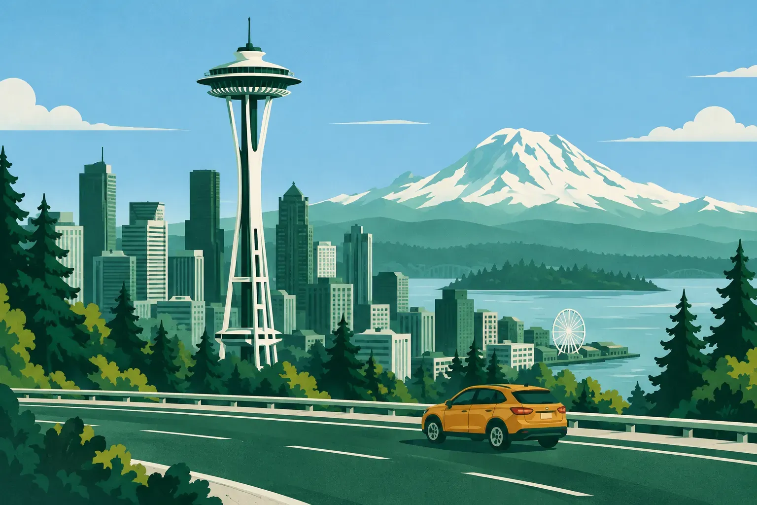 The Seattle Space Needle with snow-capped Mount Rainier behind, in Washington